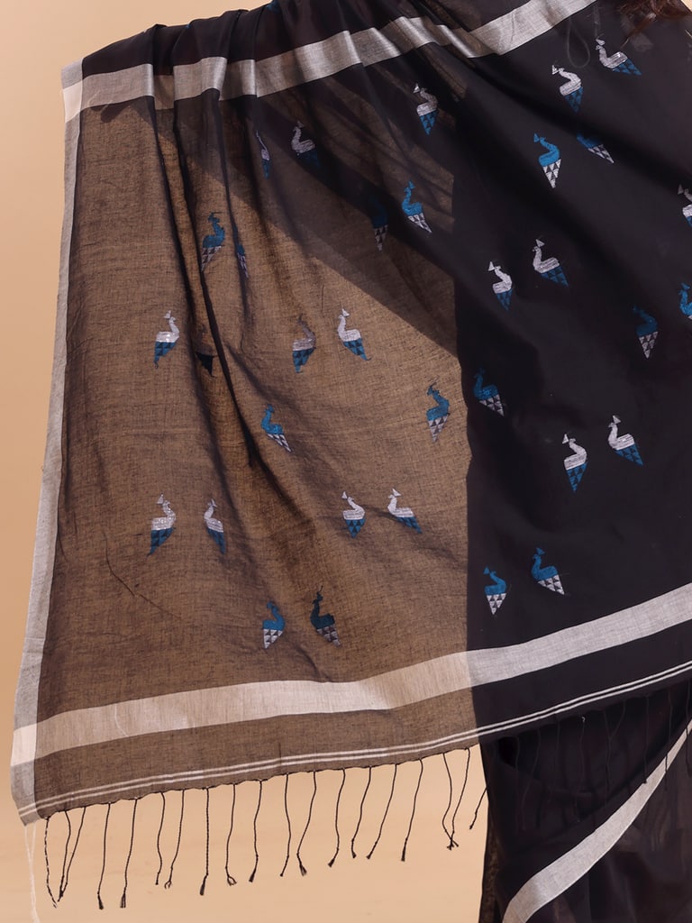 Handloom Cotton Mayur Jamdani Saree - Black - Thumbnail 5
