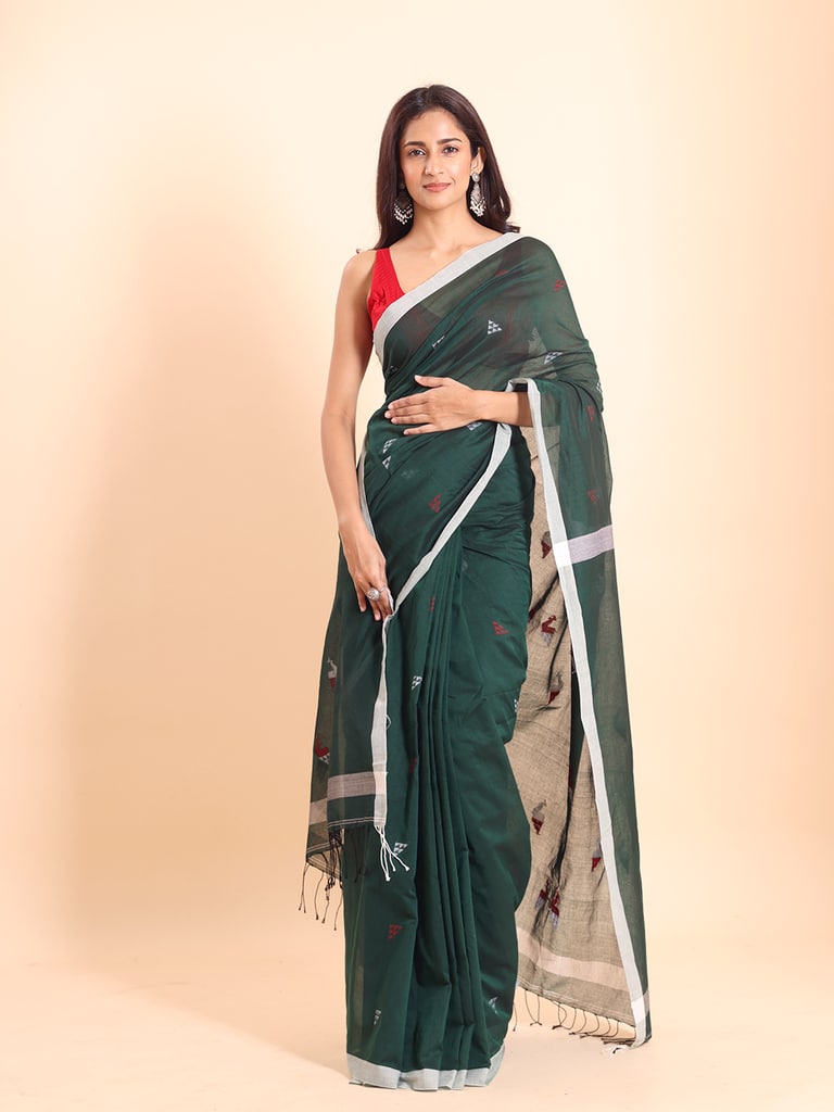 Handloom Cotton Mayur Jamdani Saree - Bottle Green - View 1
