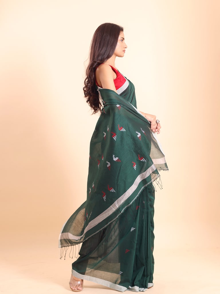 Handloom Cotton Mayur Jamdani Saree - Bottle Green - View 2