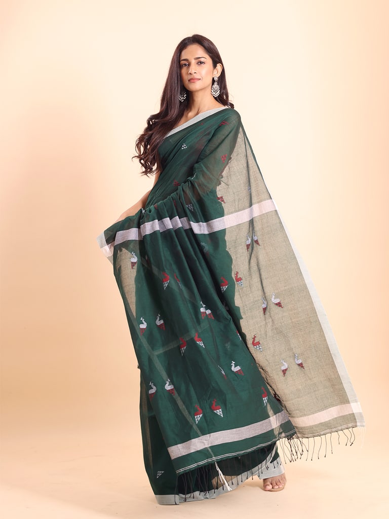 Handloom Cotton Mayur Jamdani Saree - Bottle Green - Thumbnail 3