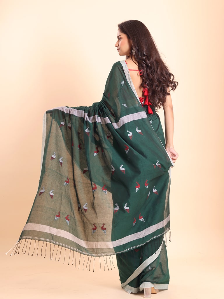 Handloom Cotton Mayur Jamdani Saree - Bottle Green - Thumbnail 4