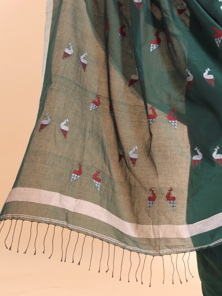 Handloom Cotton Mayur Jamdani Saree - Bottle Green - Thumbnail 5