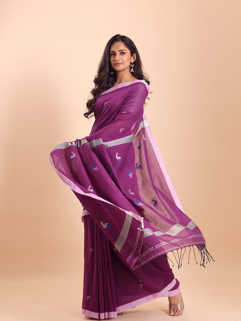 Handloom Cotton Mayur Jamdani Saree - Purple Orcid - View 1