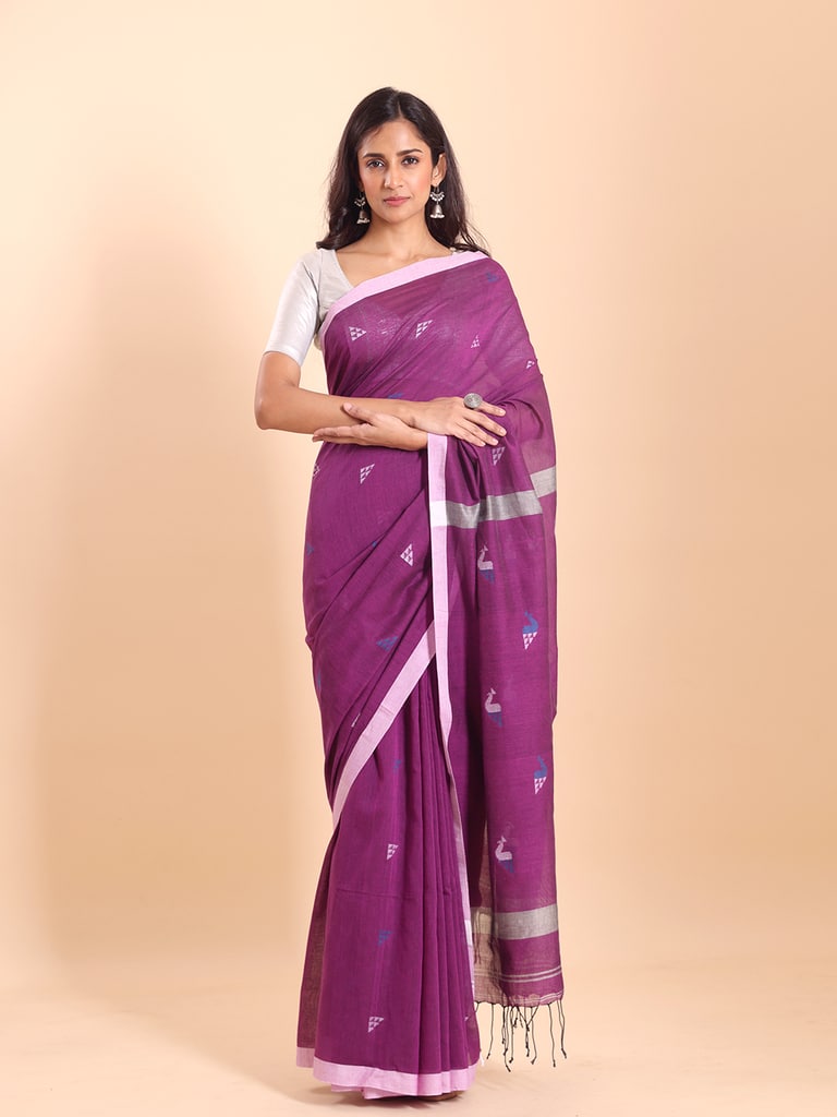 Handloom Cotton Mayur Jamdani Saree - Purple Orcid - View 2