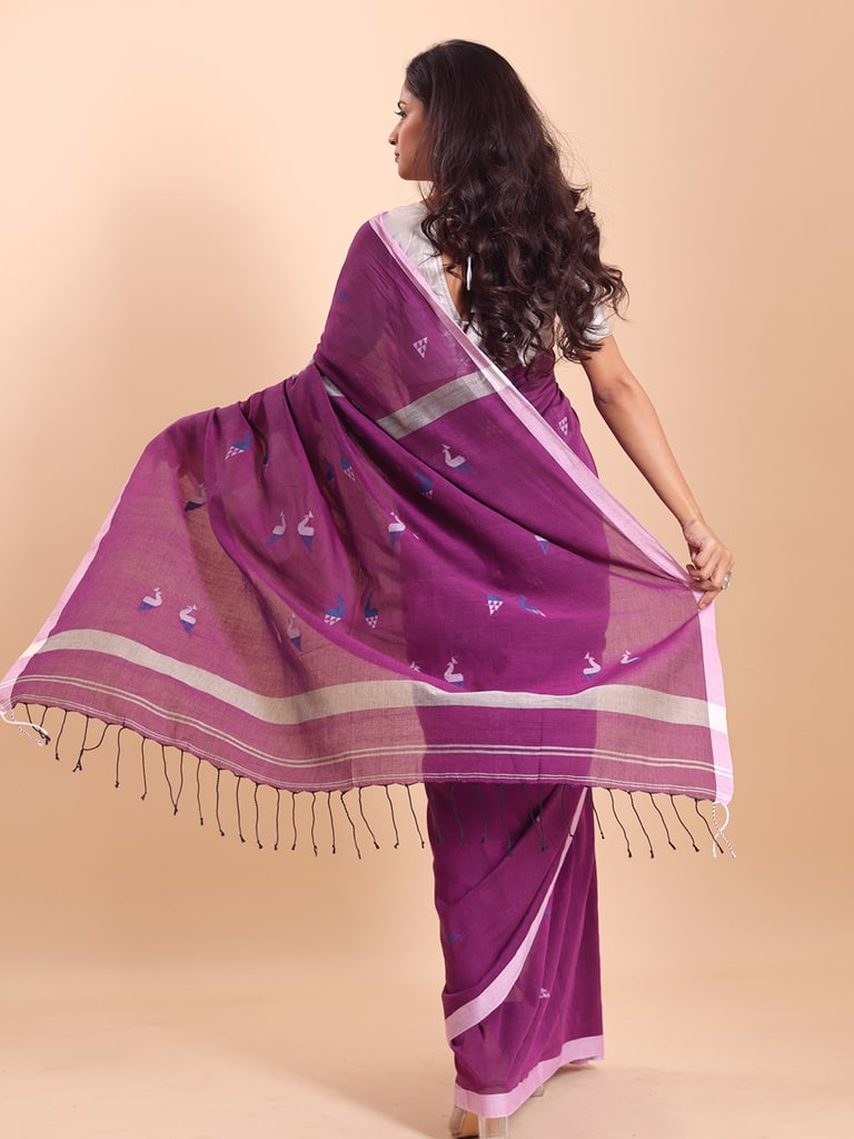 Handloom Cotton Mayur Jamdani Saree - Purple Orcid - Thumbnail 3