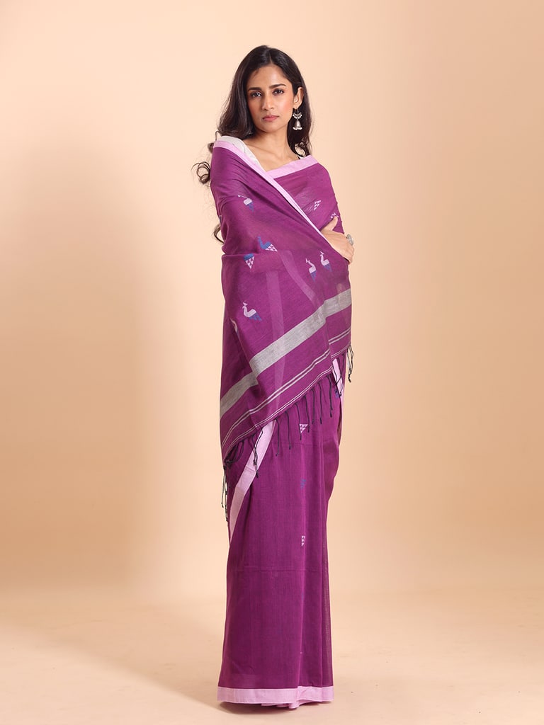 Handloom Cotton Mayur Jamdani Saree - Purple Orcid - Thumbnail 4