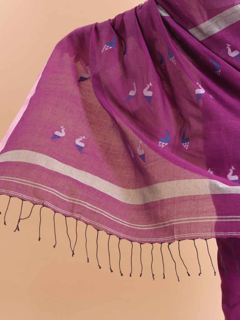Handloom Cotton Mayur Jamdani Saree - Purple Orcid - Thumbnail 5