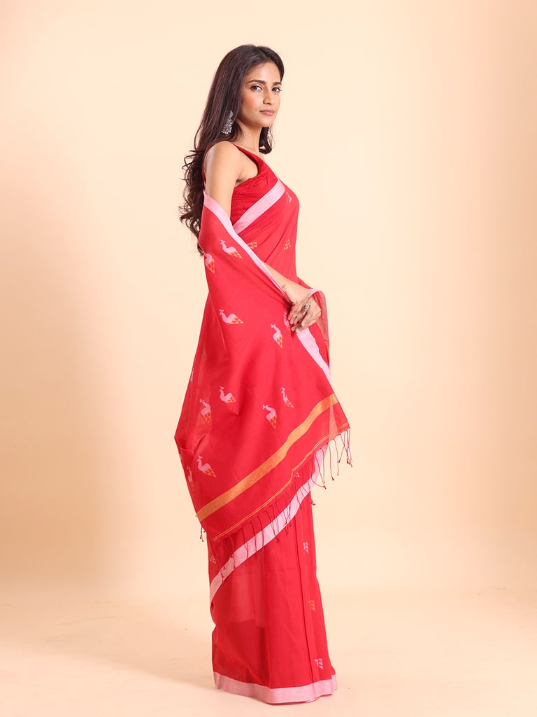Handloom Cotton Mayur Jamdani Saree - Red - Thumbnail 3