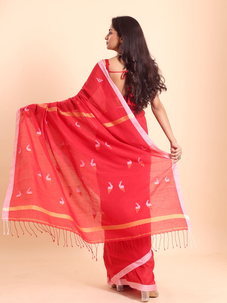 Handloom Cotton Mayur Jamdani Saree - Red - Thumbnail 4
