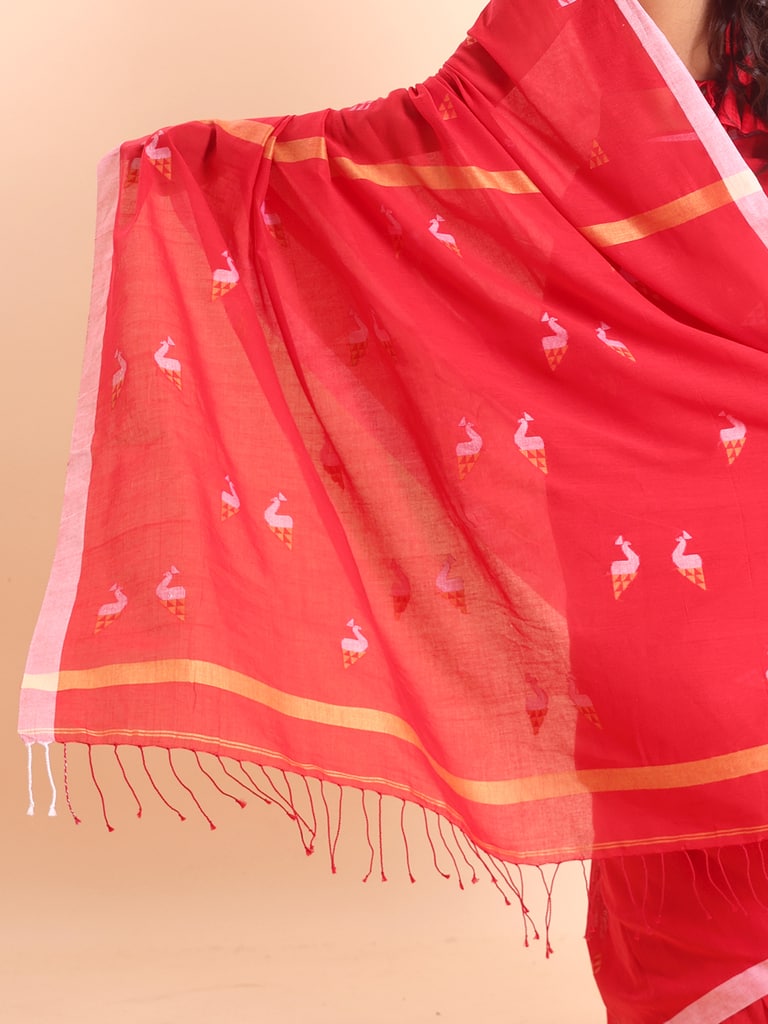 Handloom Cotton Mayur Jamdani Saree - Red - Thumbnail 5