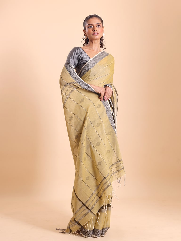 Handloom Bhumri Line Saree - Italian Straw - View 1