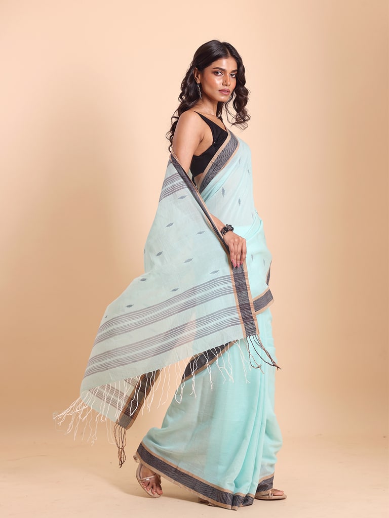 Handloom Buti Santipuri Saree - Bleached Aqua - View 1