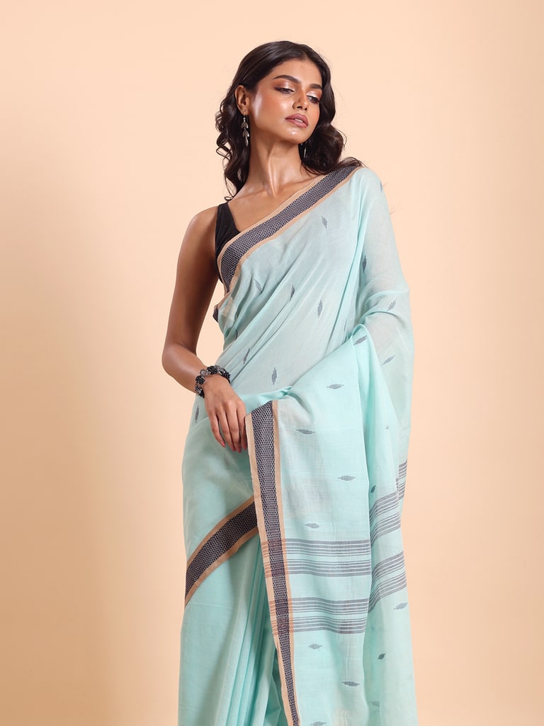 Handloom Buti Santipuri Saree - Bleached Aqua - Thumbnail 3