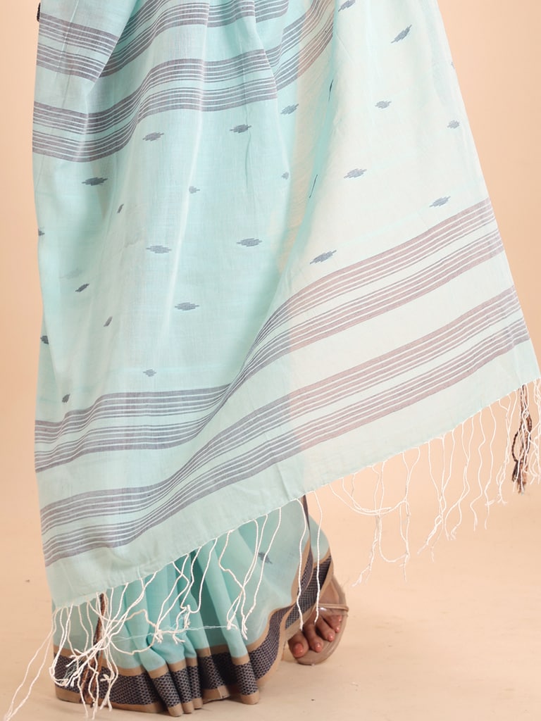 Handloom Buti Santipuri Saree - Bleached Aqua - Thumbnail 4