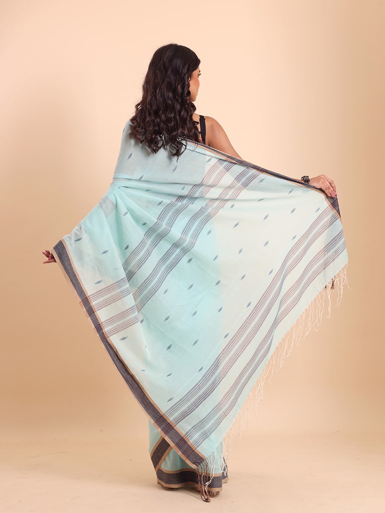 Handloom Buti Santipuri Saree - Bleached Aqua - Thumbnail 5