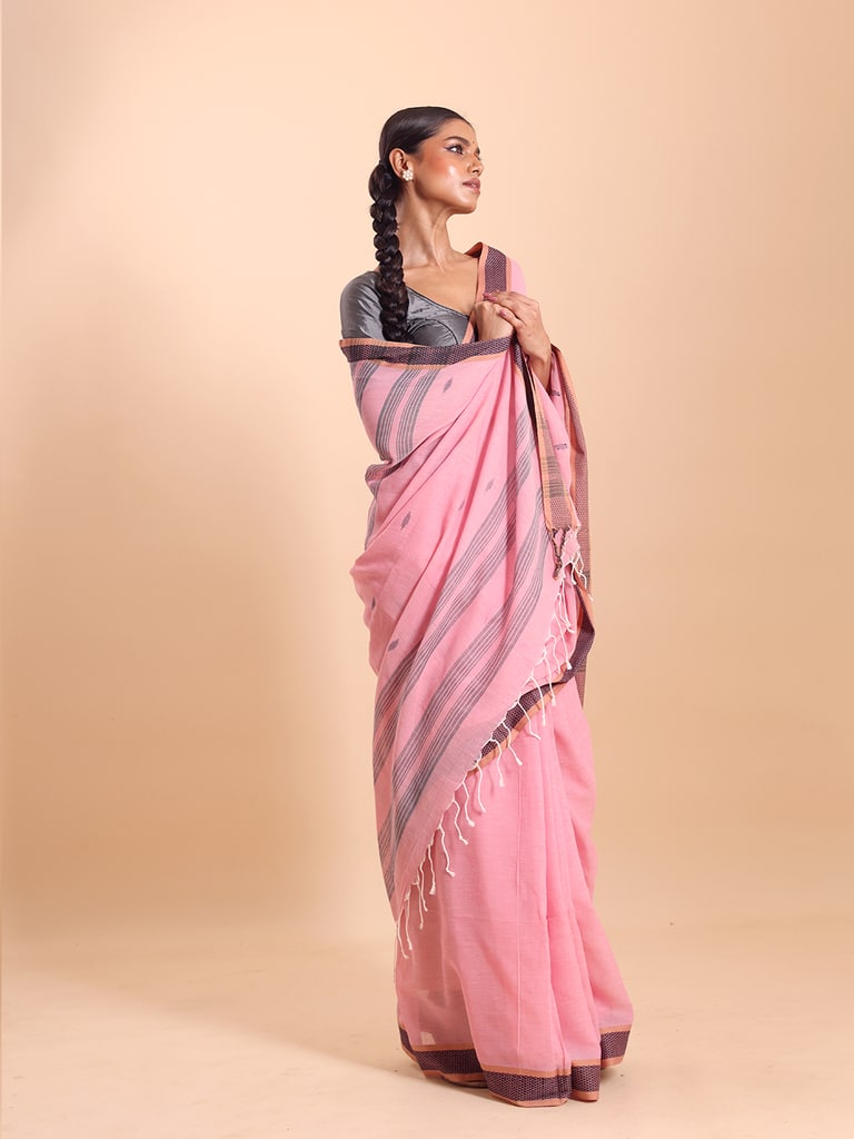 Handloom Buti Santipuri Saree - Light Pink - Thumbnail 3