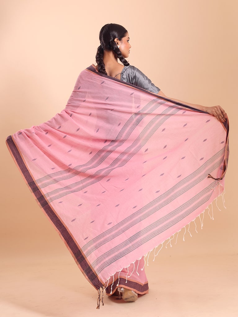 Handloom Buti Santipuri Saree - Light Pink - Thumbnail 4