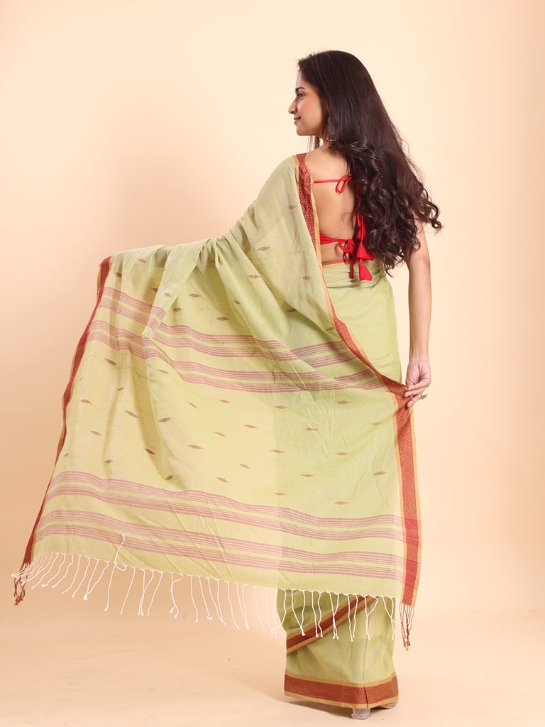 Handloom Buti Santipuri Saree - Pale Green - Thumbnail 4