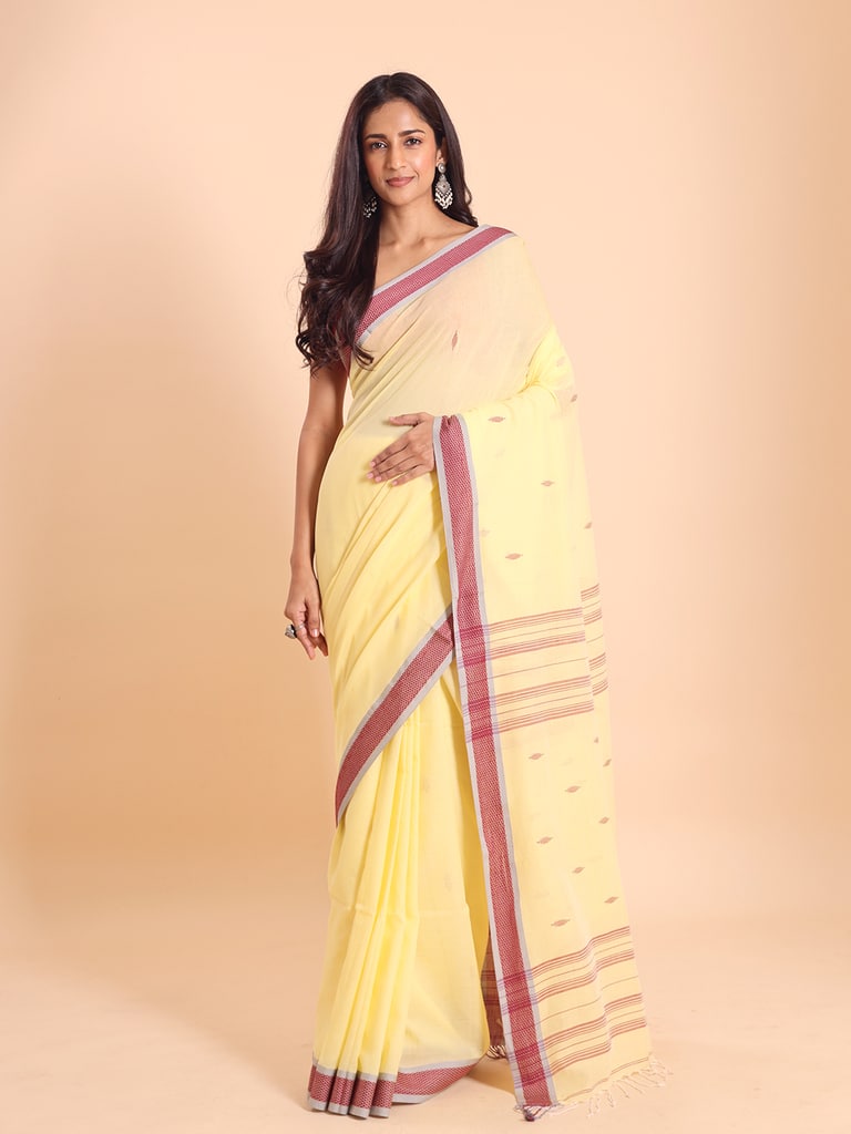 Handloom Buti Santipuri Saree - Pastel Yellow - View 1