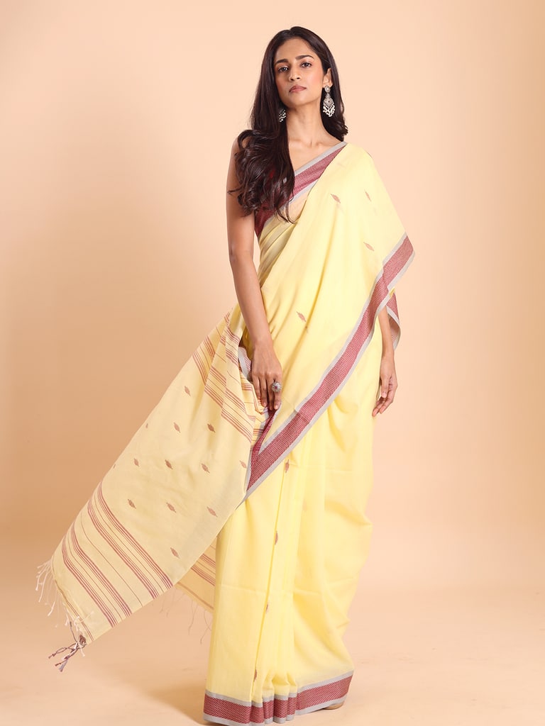 Handloom Buti Santipuri Saree - Pastel Yellow - Thumbnail 3