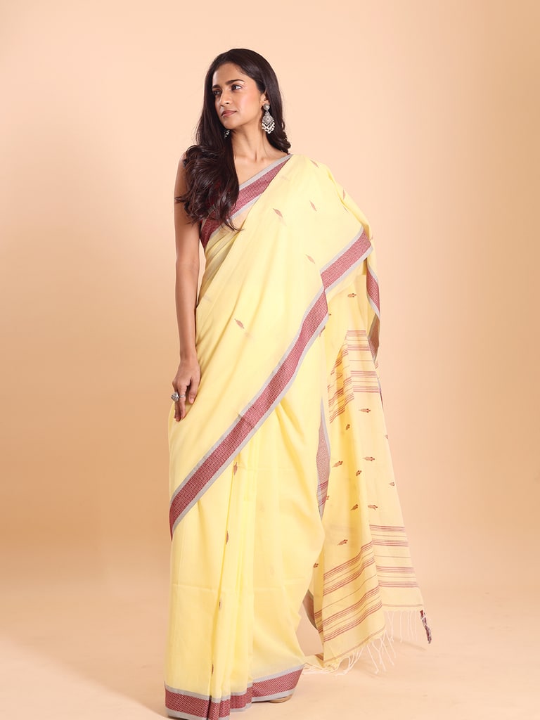Handloom Buti Santipuri Saree - Pastel Yellow - Thumbnail 4