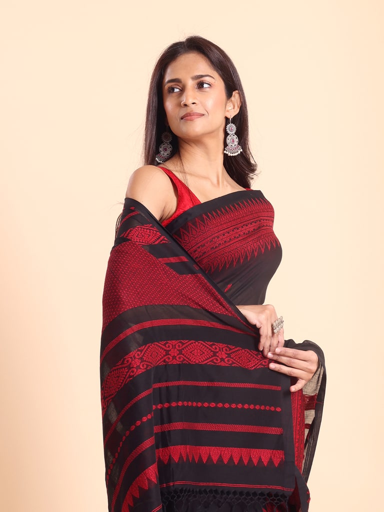 Handloom Cotton Derpar Jamdani Saree - Black - Thumbnail 3