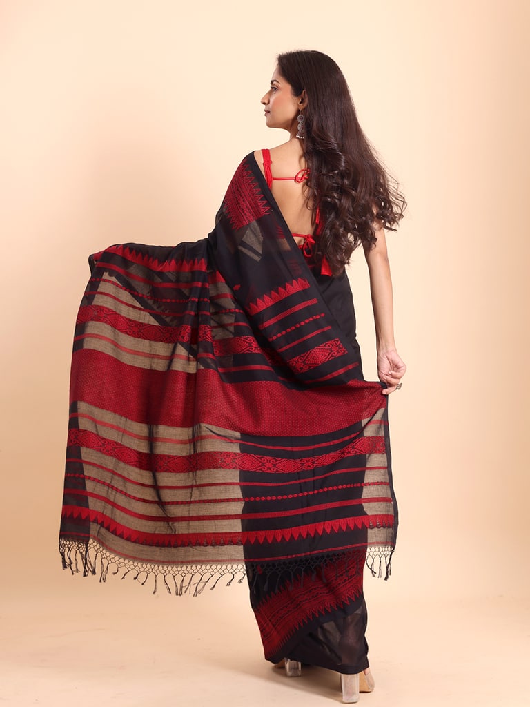Handloom Cotton Derpar Jamdani Saree - Black - Thumbnail 4