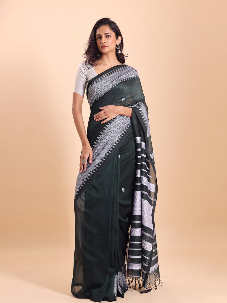 Handloom Cotton Derpar Jamdani Saree - Bottle Green - View 1