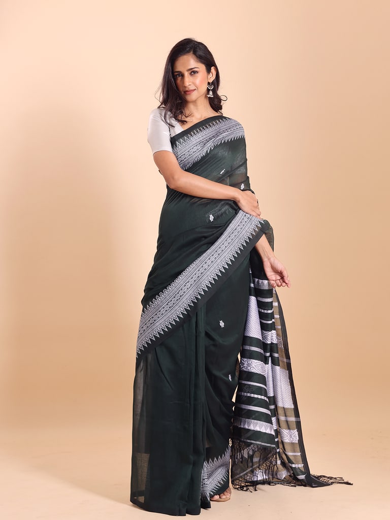 Handloom Cotton Derpar Jamdani Saree - Bottle Green - Thumbnail 3