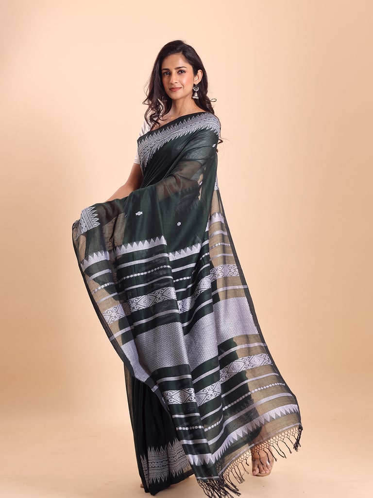 Handloom Cotton Derpar Jamdani Saree - Bottle Green - Thumbnail 4