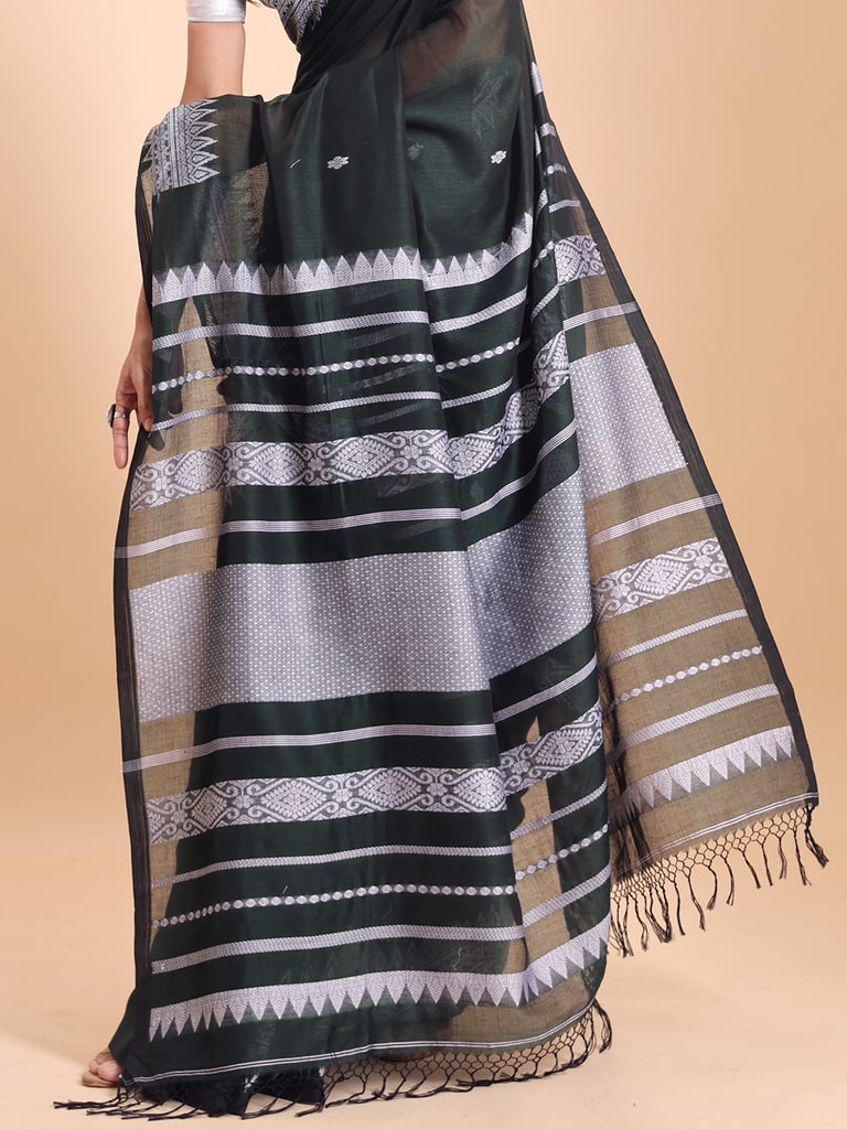 Handloom Cotton Derpar Jamdani Saree - Bottle Green - Thumbnail 5