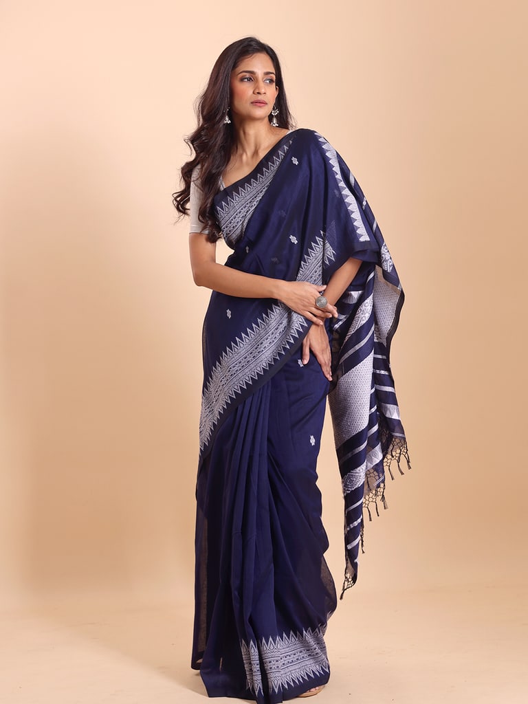 Handloom Cotton Derpar Jamdani Saree - Navy - View 2