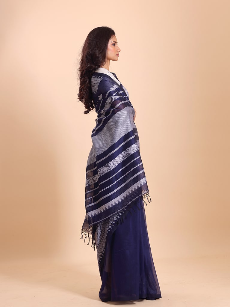 Handloom Cotton Derpar Jamdani Saree - Navy - Thumbnail 3