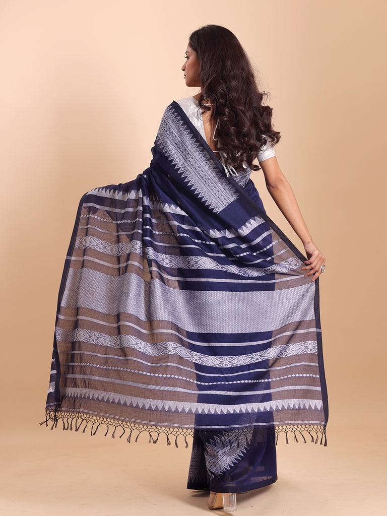 Handloom Cotton Derpar Jamdani Saree - Navy - Thumbnail 4