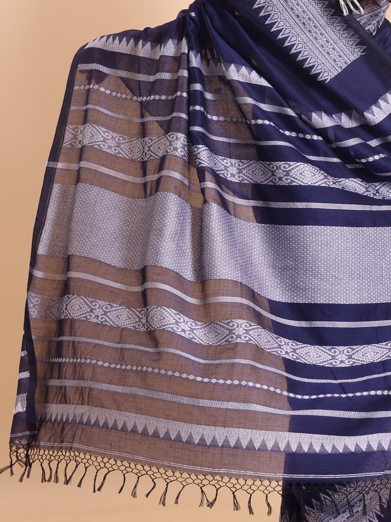 Handloom Cotton Derpar Jamdani Saree - Navy - Thumbnail 5