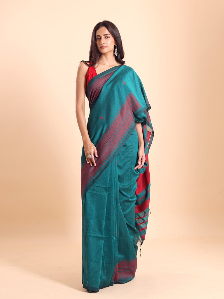 Handloom Cotton Derpar Jamdani Saree - Turquoise - View 1