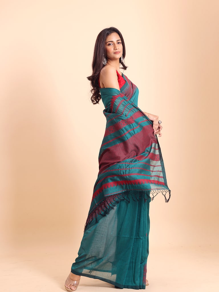 Handloom Cotton Derpar Jamdani Saree - Turquoise - View 2
