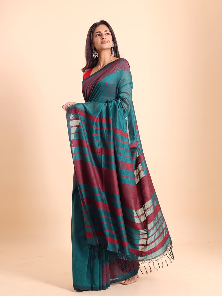 Handloom Cotton Derpar Jamdani Saree - Turquoise - Thumbnail 3