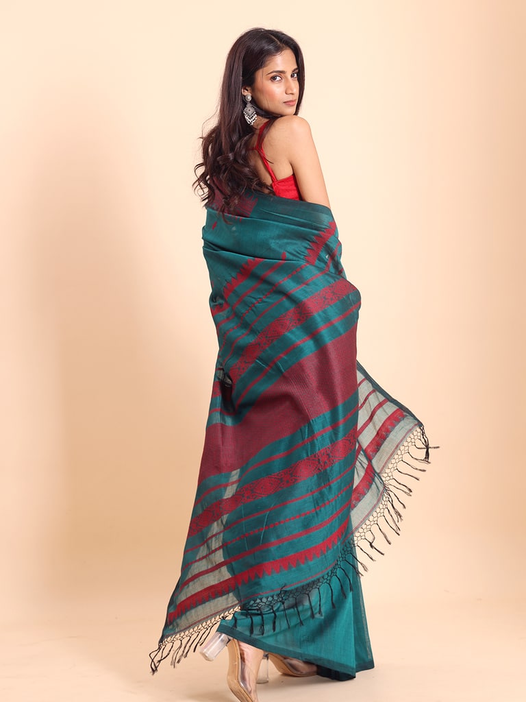 Handloom Cotton Derpar Jamdani Saree - Turquoise - Thumbnail 4