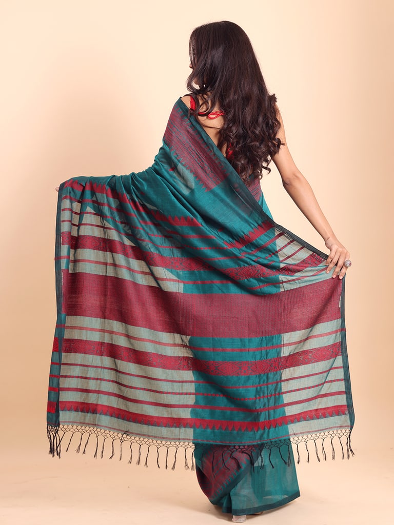 Handloom Cotton Derpar Jamdani Saree - Turquoise - Thumbnail 5