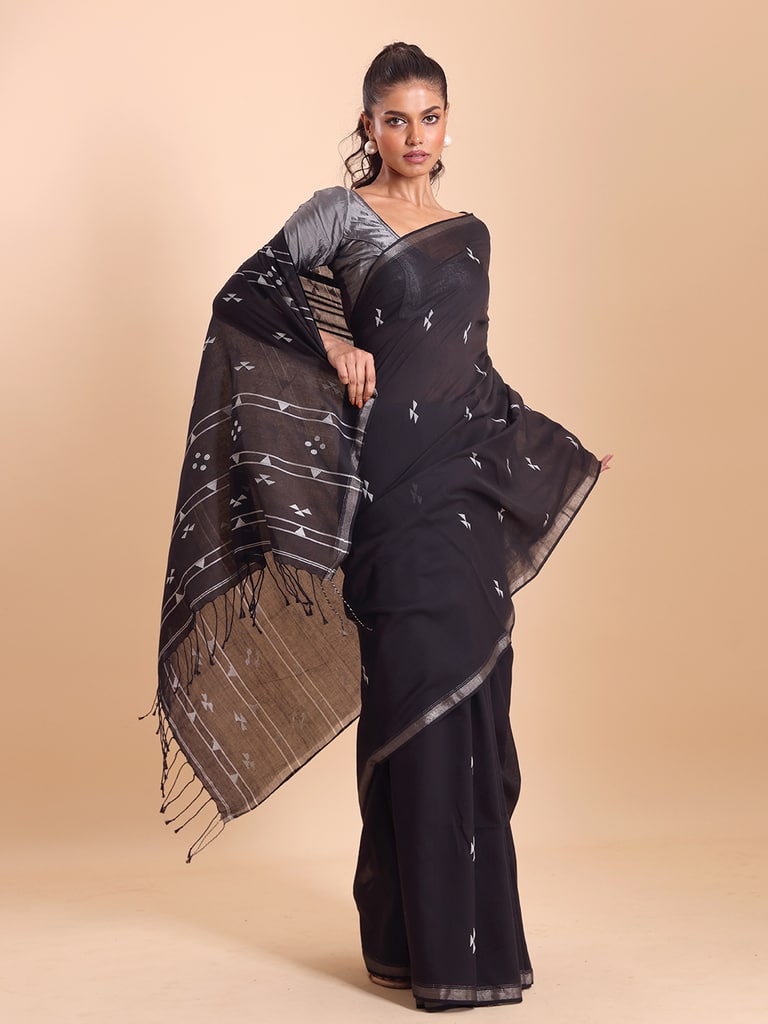 Handloom Cotton Pakhiralay Jamdani Saree - Black - View 1