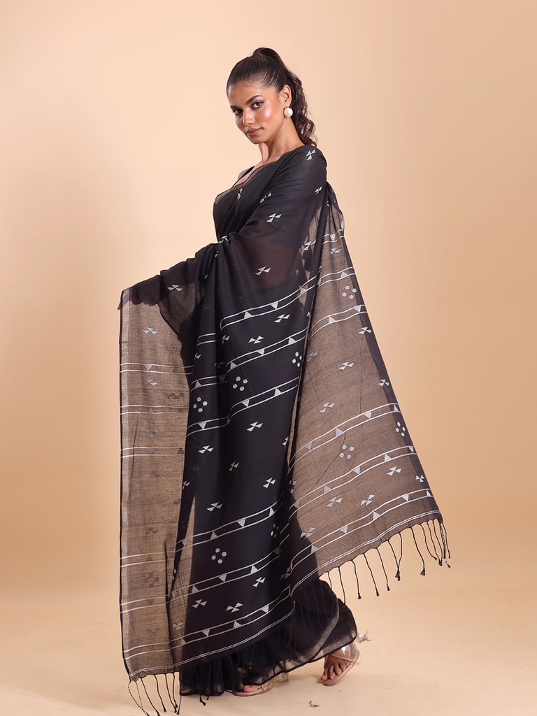 Handloom Cotton Pakhiralay Jamdani Saree - Black - Thumbnail 3