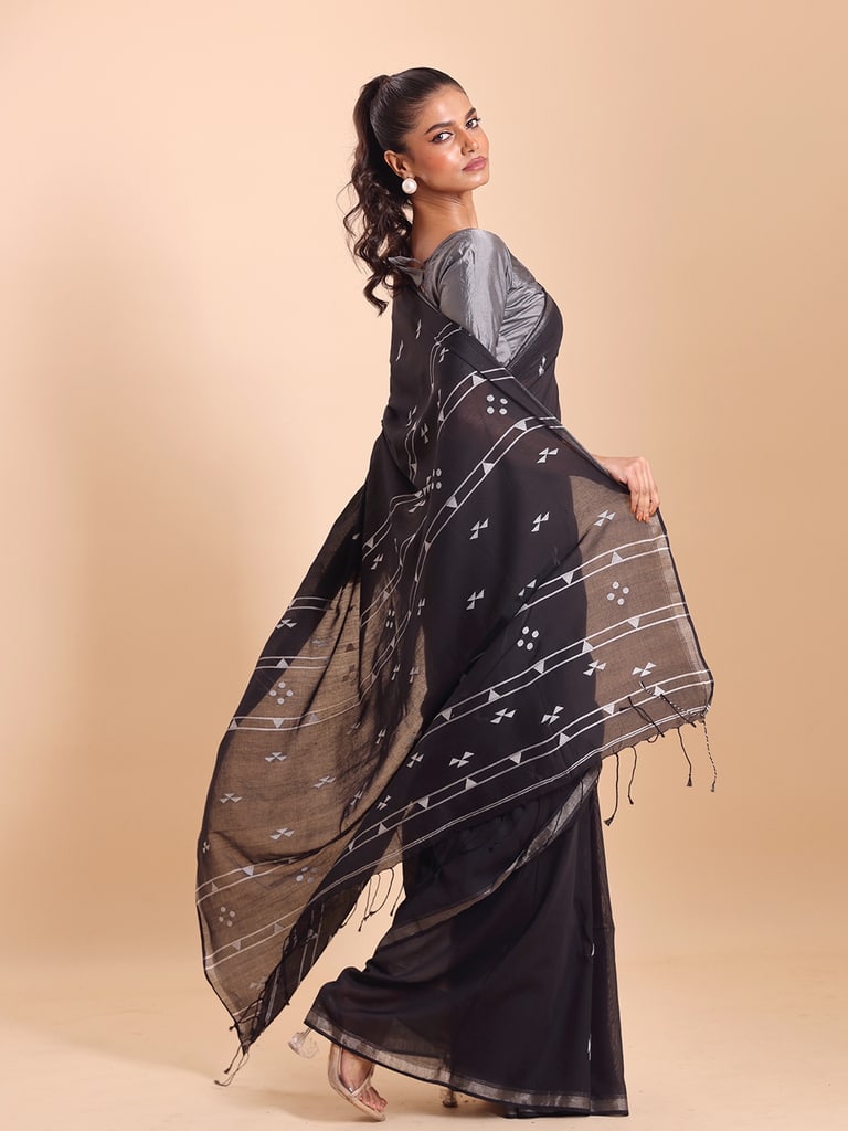 Handloom Cotton Pakhiralay Jamdani Saree - Black - Thumbnail 4