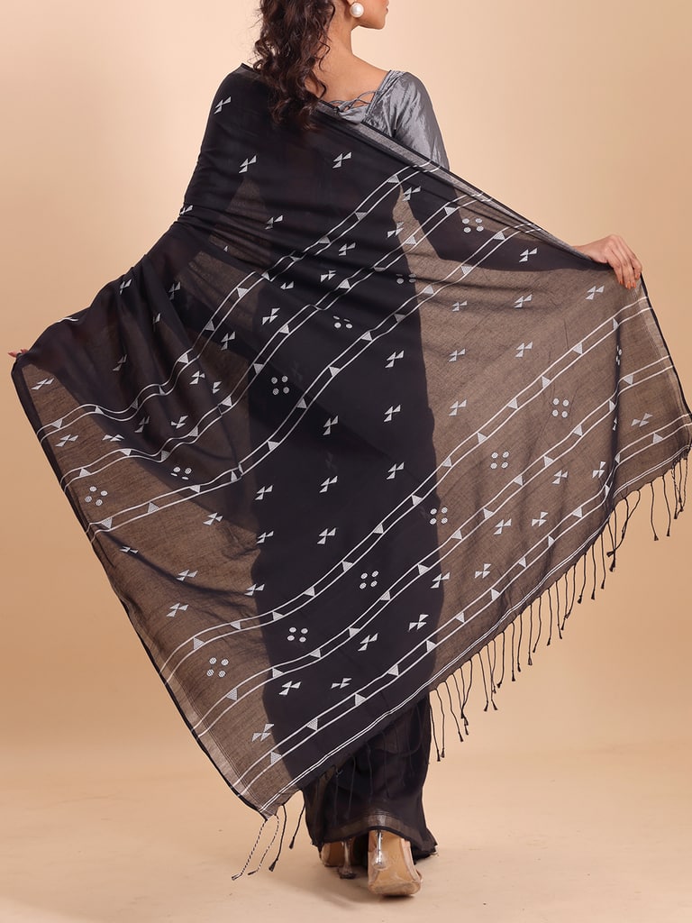 Handloom Cotton Pakhiralay Jamdani Saree - Black - Thumbnail 5