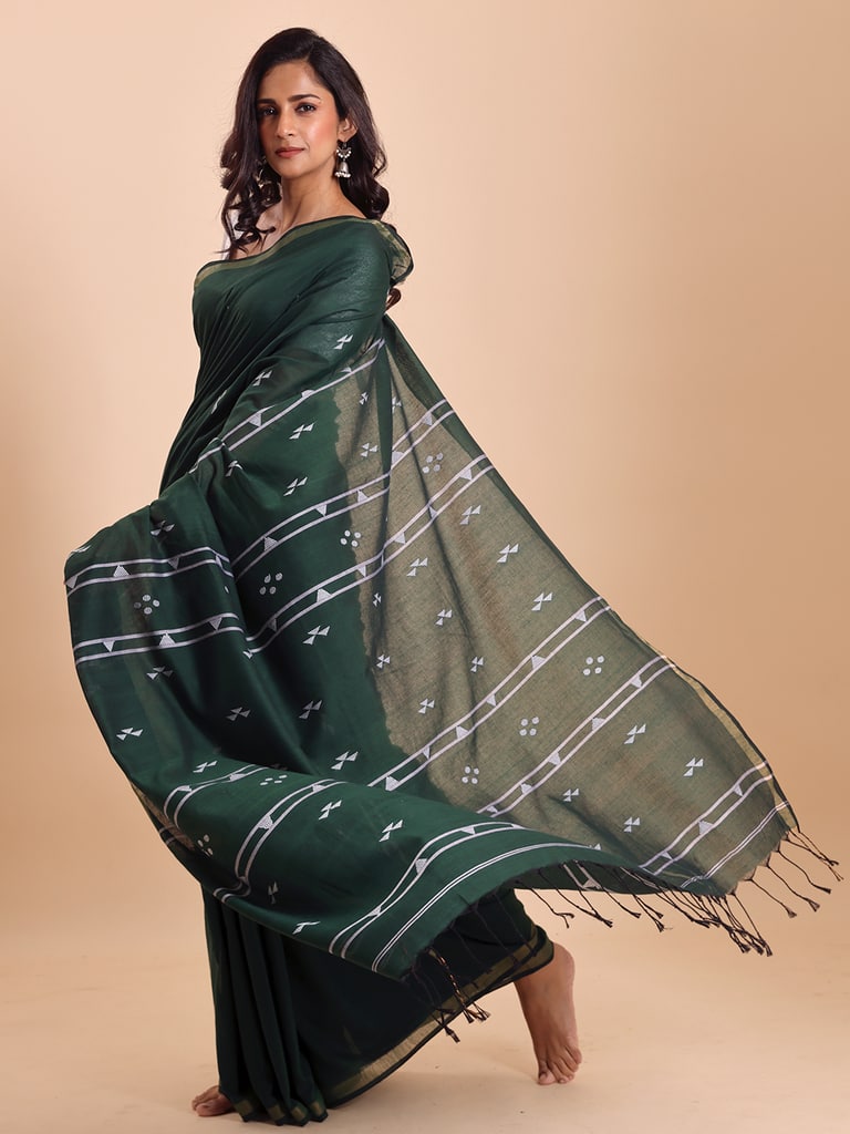 Handloom Cotton Pakhiralay Jamdani Saree - Bottle Green - View 1