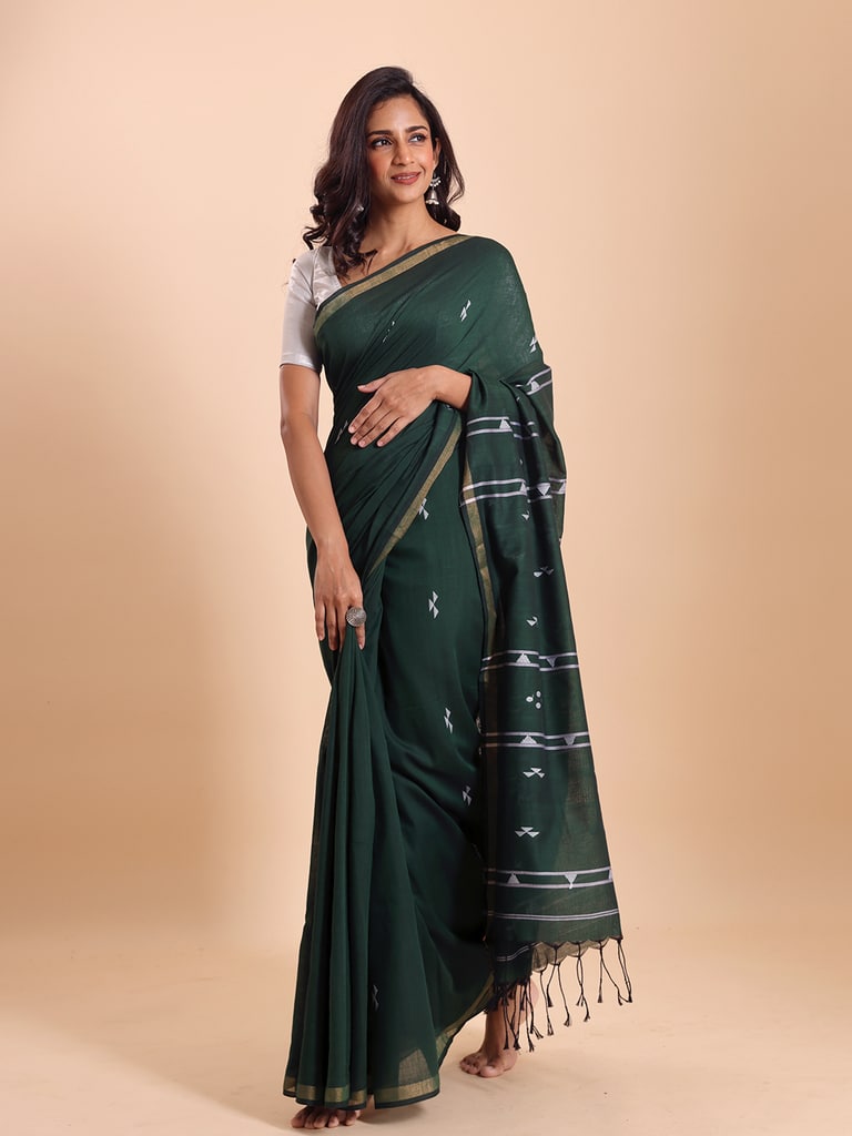 Handloom Cotton Pakhiralay Jamdani Saree - Bottle Green - View 2