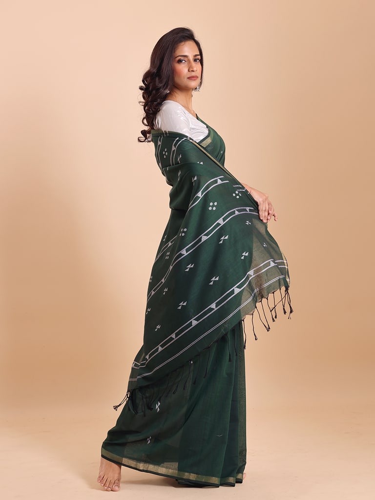 Handloom Cotton Pakhiralay Jamdani Saree - Bottle Green - Thumbnail 3
