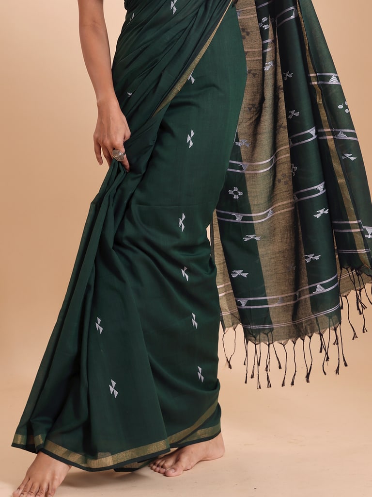 Handloom Cotton Pakhiralay Jamdani Saree - Bottle Green - Thumbnail 4