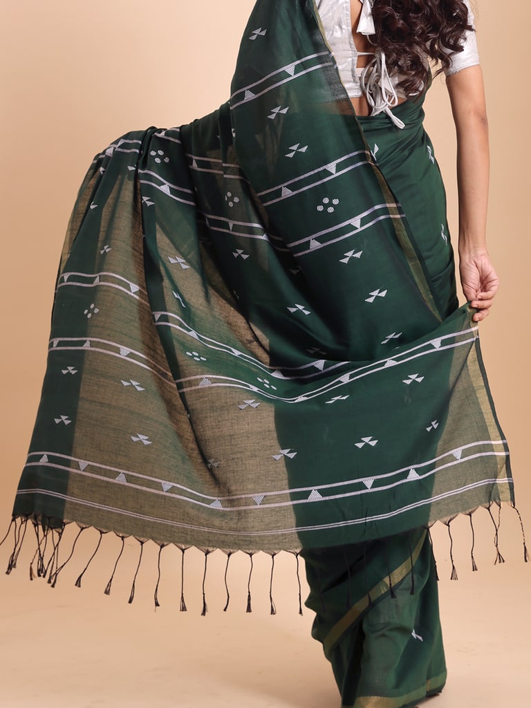 Handloom Cotton Pakhiralay Jamdani Saree - Bottle Green - Thumbnail 5