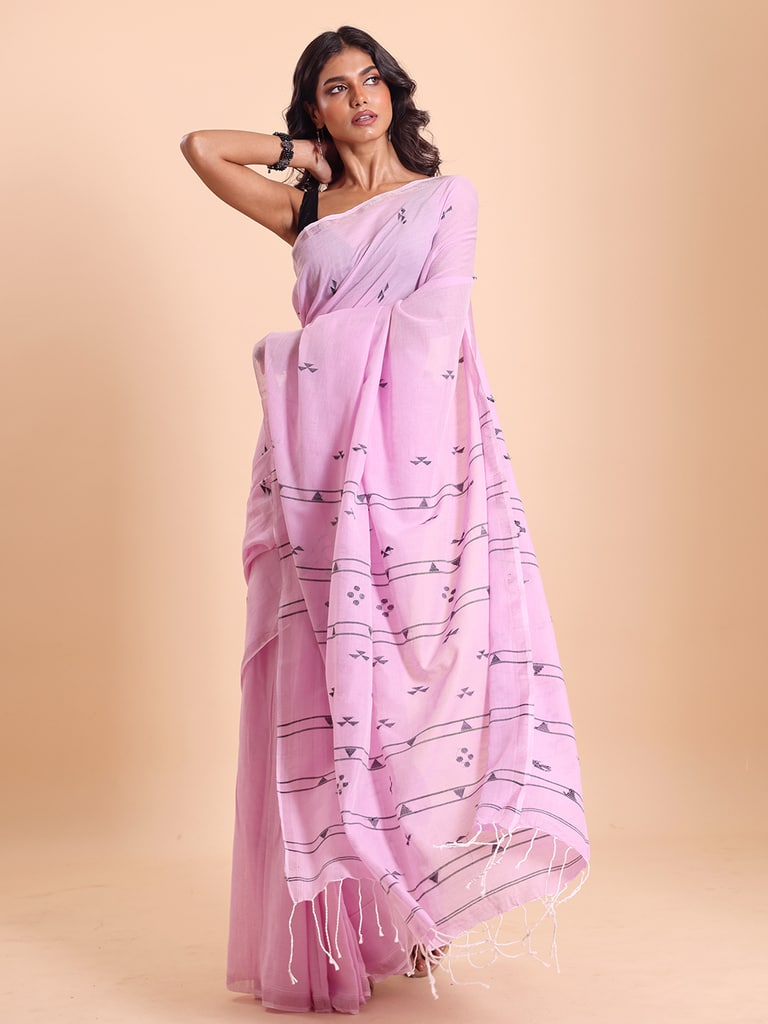 Handloom Cotton Pakhiralay Jamdani Saree - Pink Lady - View 1